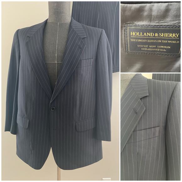 Holland & Sherry 100% Wool 2 Pc Suit Dark Blue Pastel Pinstripes Size 40 36 JP - Picture 1 of 12